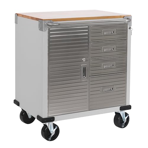Heavy Duty Rolling Cabinet Workbench with Solid Wood Top, 34.5" H, 2-Door, Granite U71025