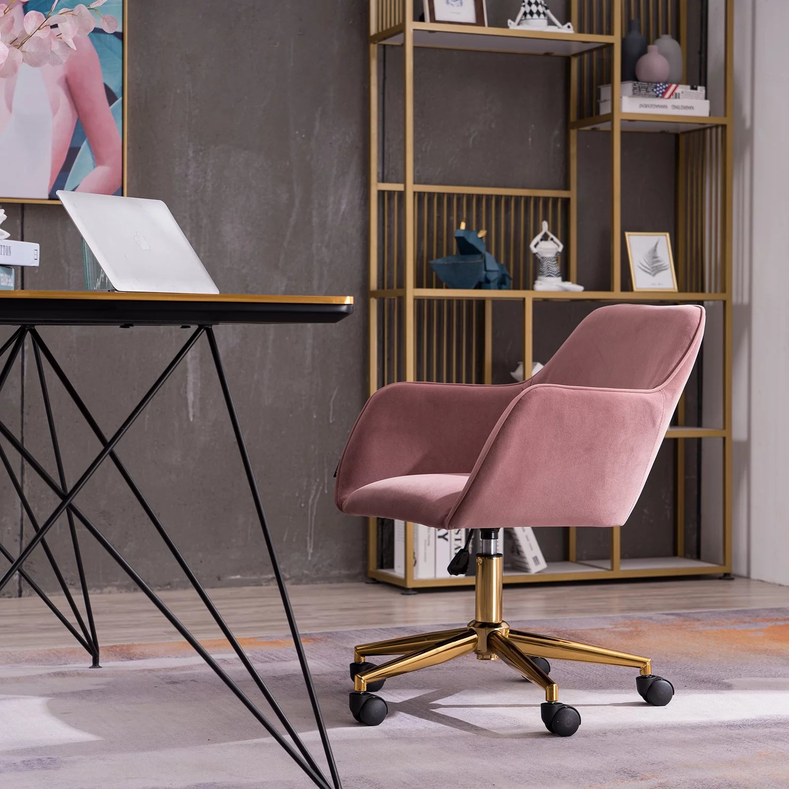 Pink Velvet Adjustable Height 360 Revolving Office Chair with Gold Metal Legs and Universal Wheels K9592