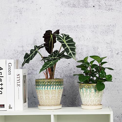6 Inch Ceramic Planter with Drainage Hole and Saucer, Set of 2 T7052