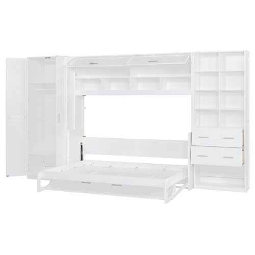 Gray Queen Size Murphy Bed with 5 Drawers and Storage Shelves Y4657