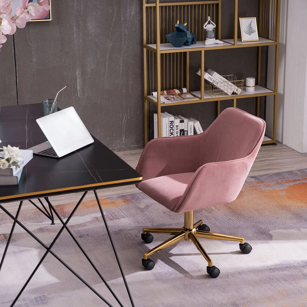 Pink Velvet Adjustable Height 360 Revolving Office Chair with Gold Metal Legs and Universal Wheels K9592