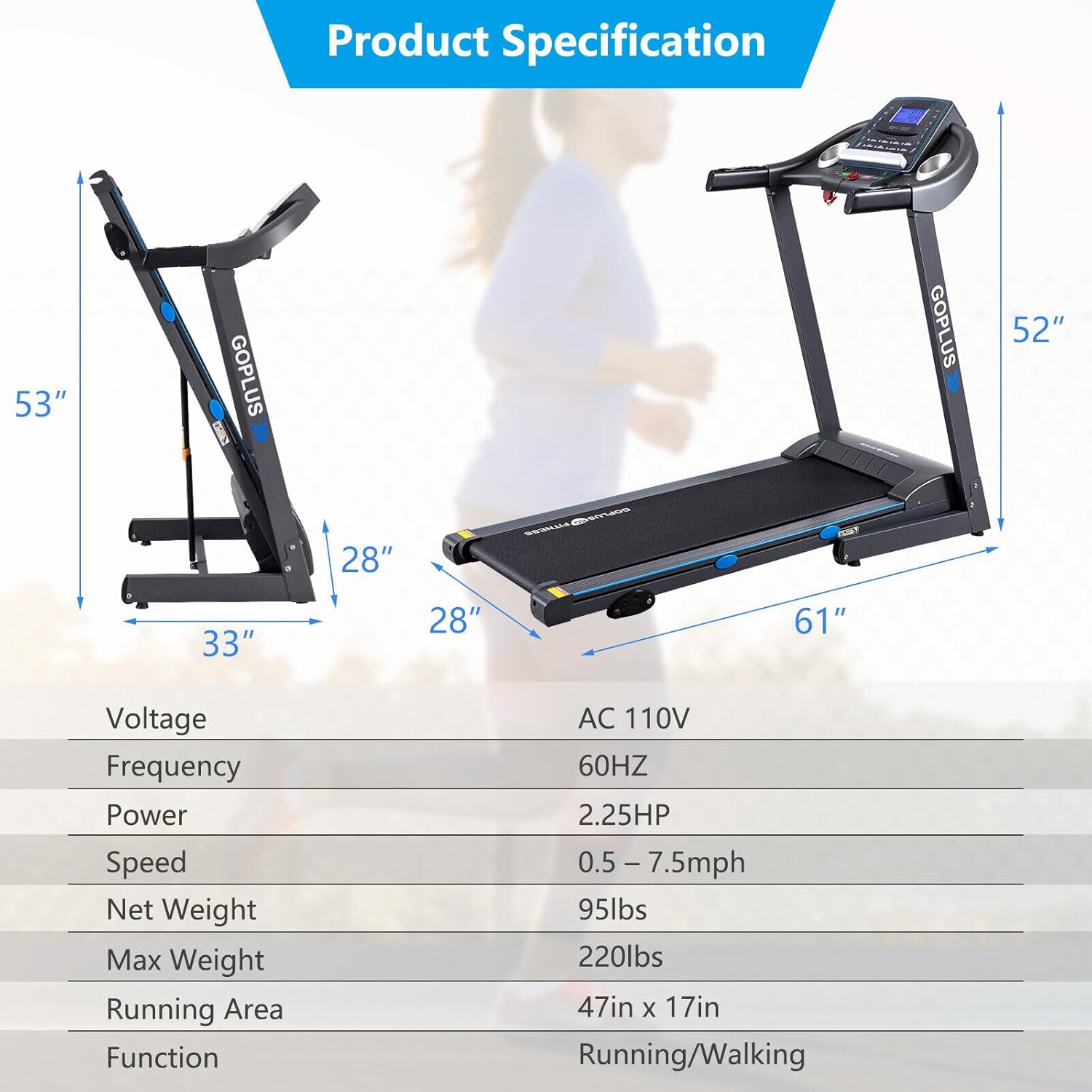 2.25HP Folding Treadmill with Incline Electric Treadmill U41686