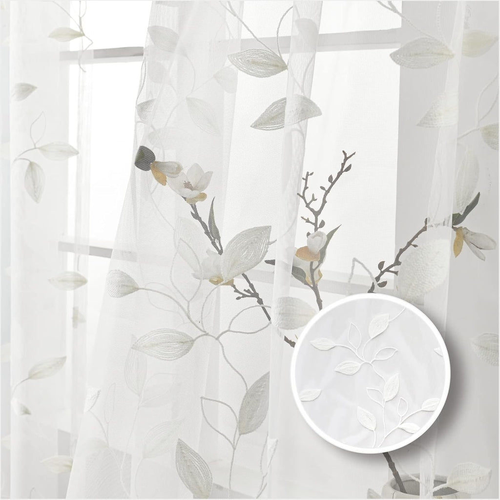 Sheer Curtains 96 inch Length 2 Panels Set, Embroidered Semi Sheer Voile Curtain Panels, Rod Pocket Light Filtering Leaf Sheer Curtains P3598