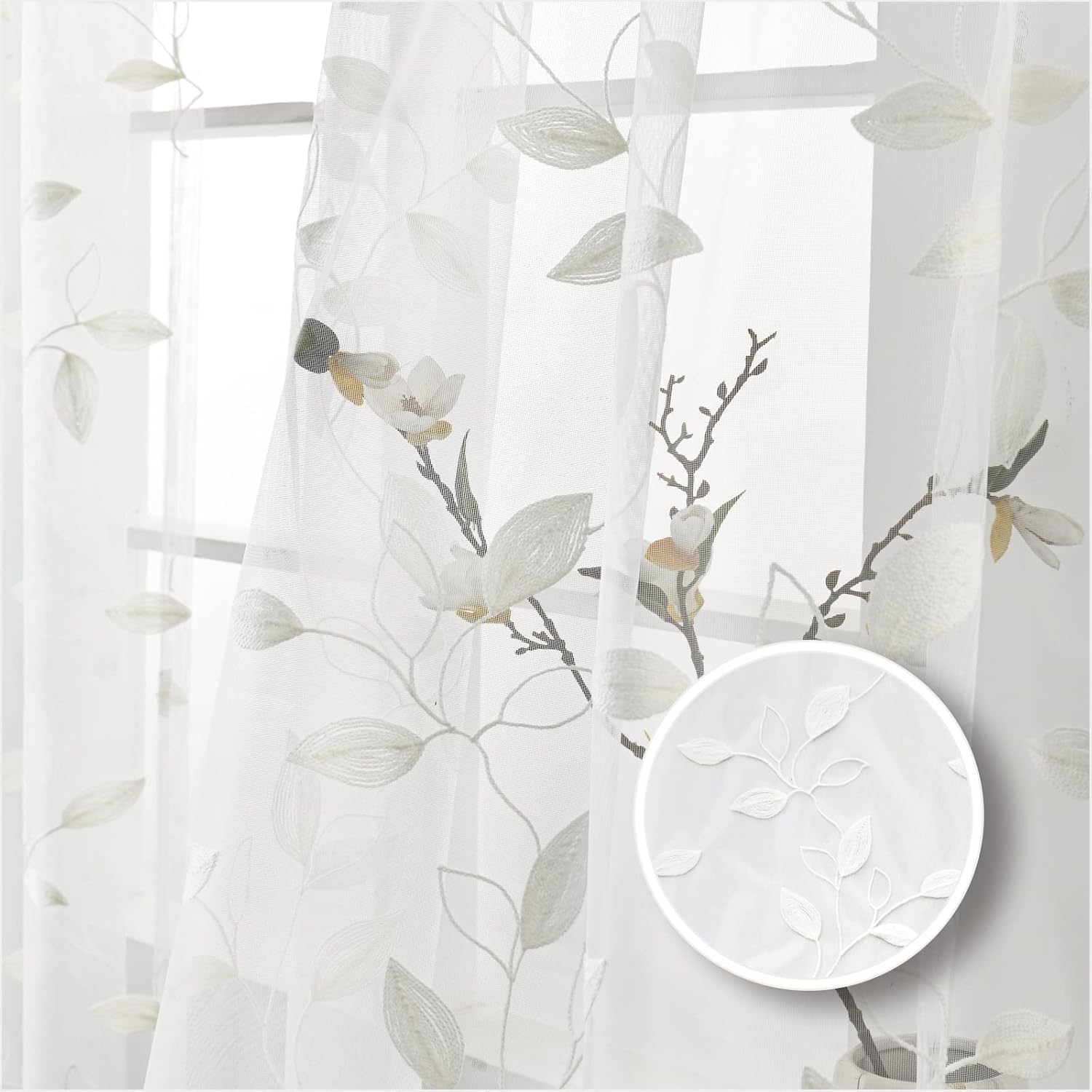 Sheer Curtains 96 inch Length 2 Panels Set, Embroidered Semi Sheer Voile Curtain Panels, Rod Pocket Light Filtering Leaf Sheer Curtains P3598