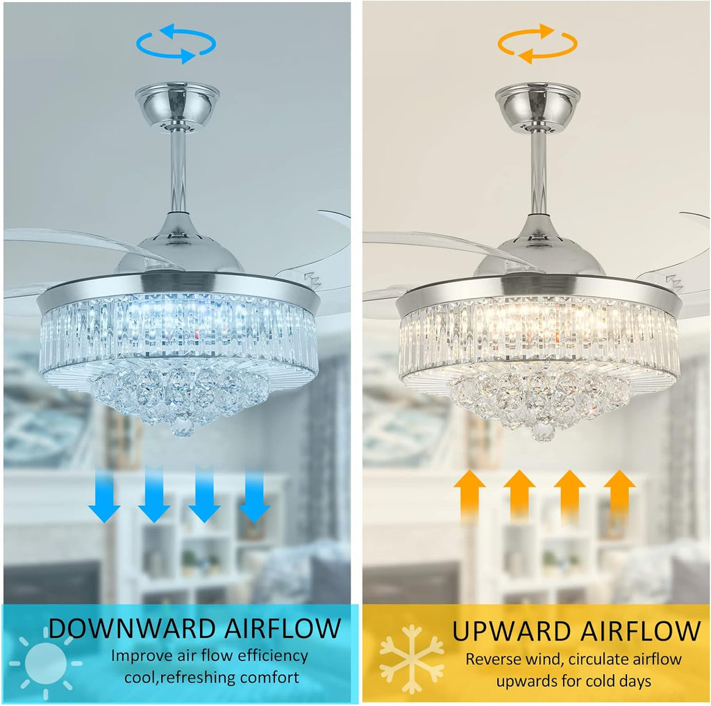 36 Inch Crystal Ceiling Fan with Lights, Remote Control Retractable Invisible Blades B9063
