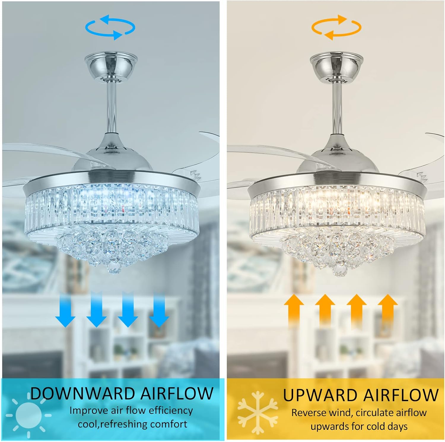 36 Inch Crystal Ceiling Fan with Lights, Remote Control Retractable Invisible Blades B9063