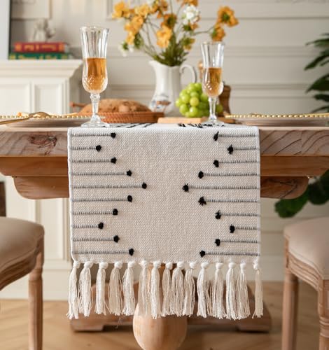 Natural Cotton Woven Table Runner with Tassels, Red and Beige X719890