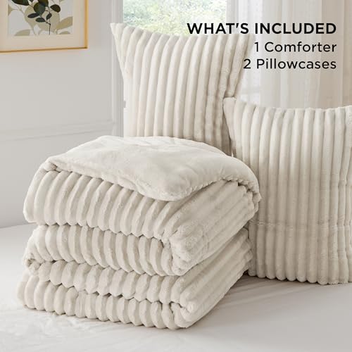 King Size Cream White Faux Fur Comforter Set with 2 Pillowcases X701