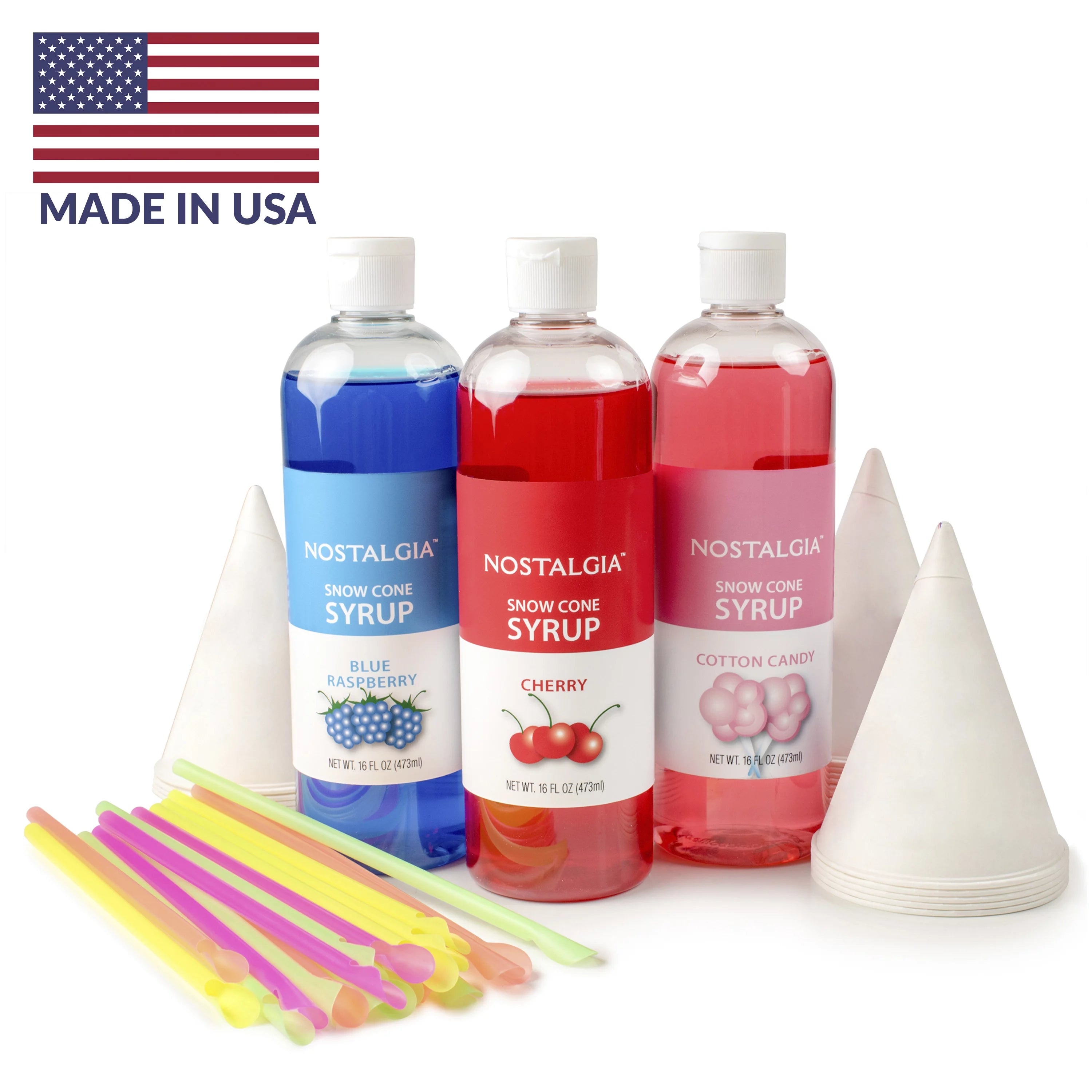 3 16-Ounce Snow Cone Syrups with 20 Spoon Straws Q99989