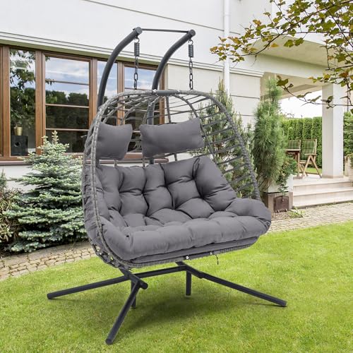 Double Egg Swing Chair with Stand, Hand Made Rattan Wicker, Metal Frame S854