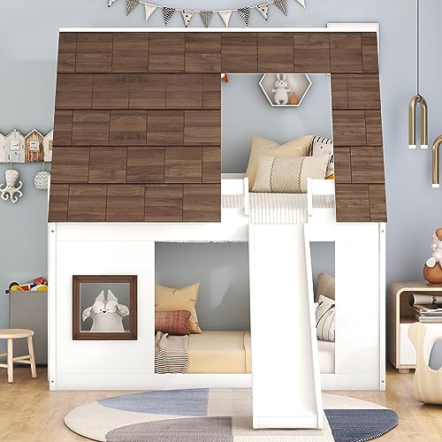 Twin-Over-Twin Wooden Bunk Bed with Storage, Gray+White P809609