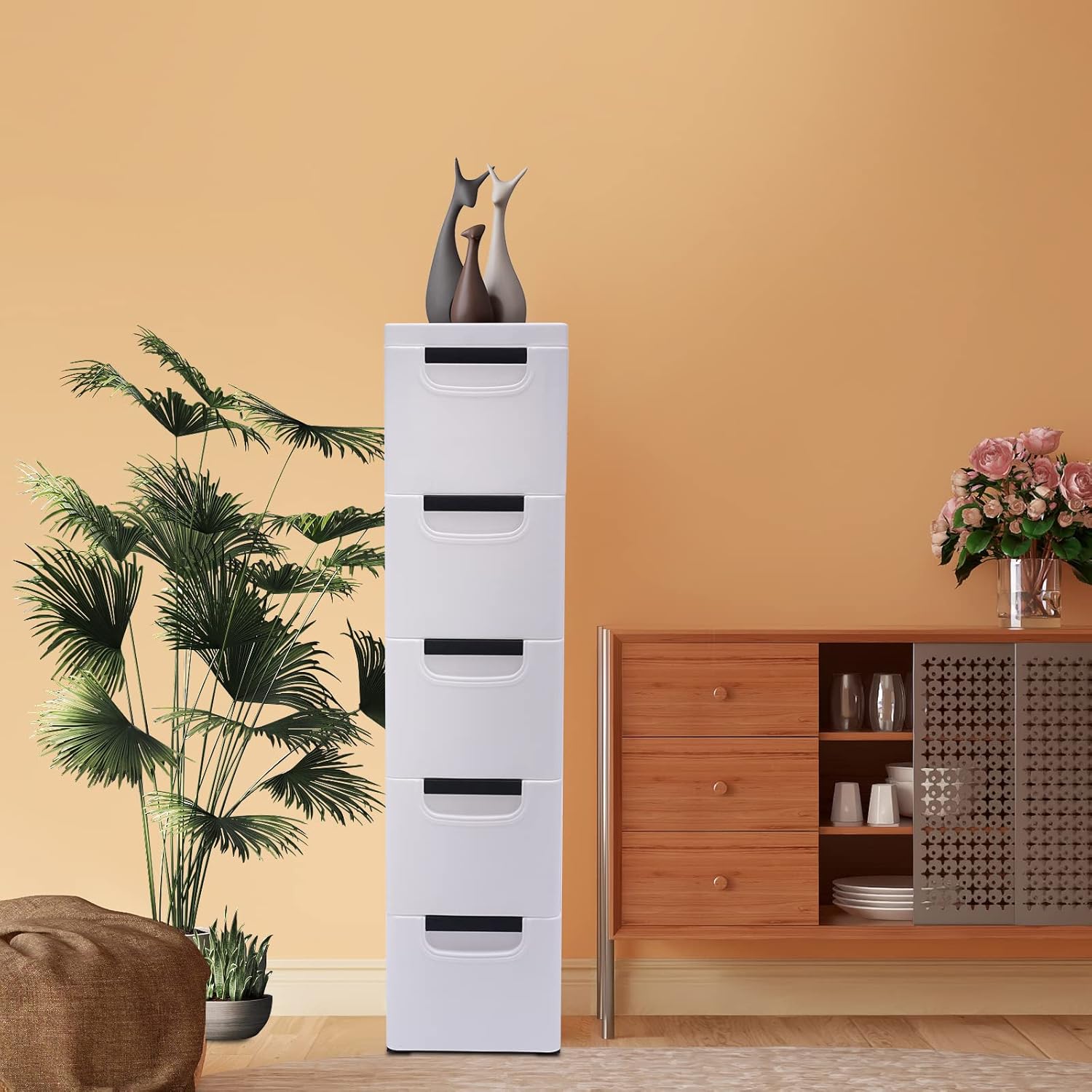 White 5 Tier Plastic Storage Tower with Wheels W929085