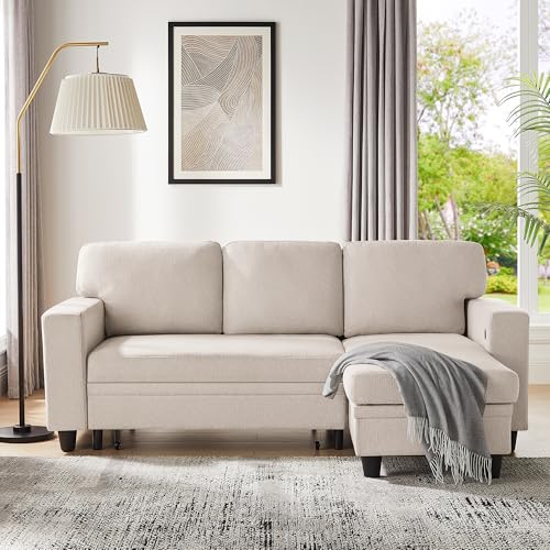 Beige L-Shaped Sleeper Sectional Couch with Storage Chaise J422