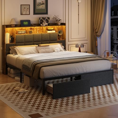 Full Size LED Upholstered Platform Bed Frame with Bookshelf Headboard and 2 Hidden Storage Drawers C231257
