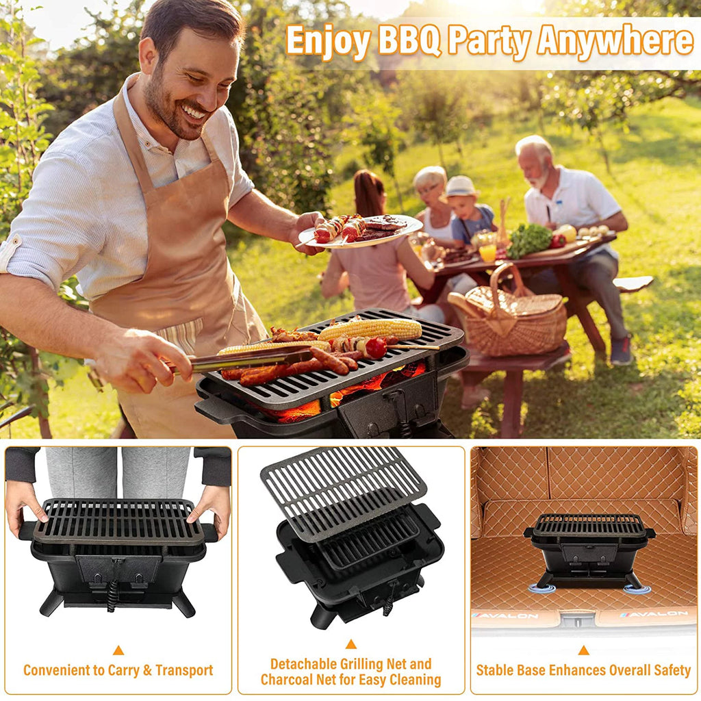 Portable Cast Iron Charcoal Grill with Double-sided Grilling Net P168413