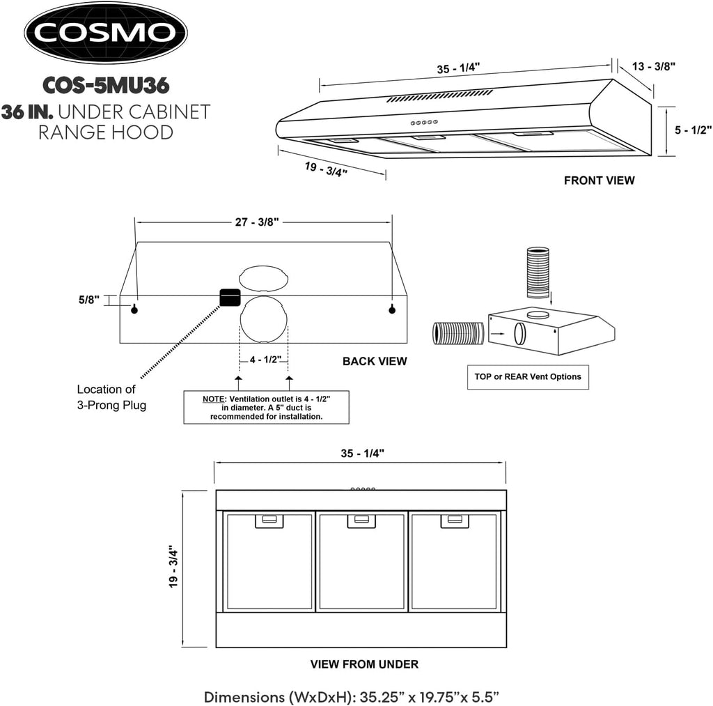 36 in. Under Cabinet Range Hood with 3 Speed Exhaust Fan, Reusable Filter and LED Lights in Stainless Steel X215828