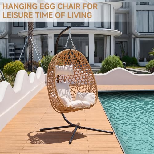 Brown Wicker Hanging Egg Chair with Stand and Cushion D745