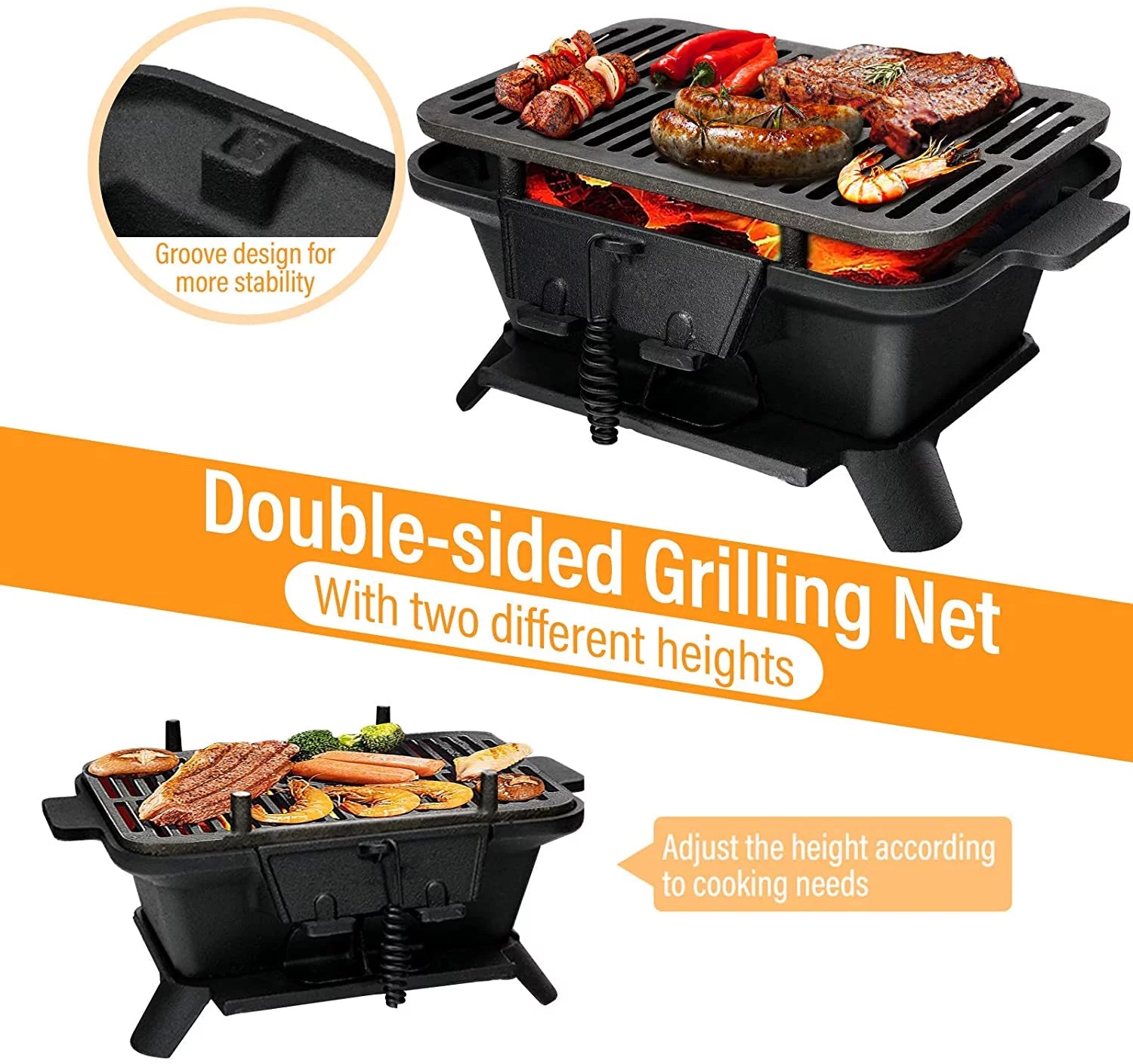 Portable Cast Iron Charcoal Grill with Double-sided Grilling Net P168413