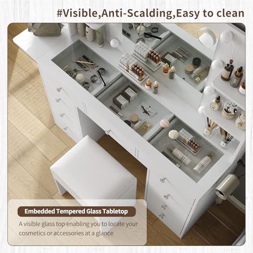 White Vanity Desk with Mirror and 10 LED Lights, 4 Shelves D428034