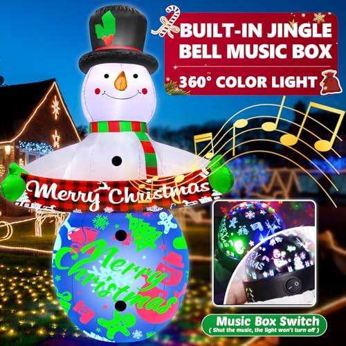 7FT Christmas Inflatables Snowman with Built-in Music & 360° Rotation Colorful Projector LED Light W59477