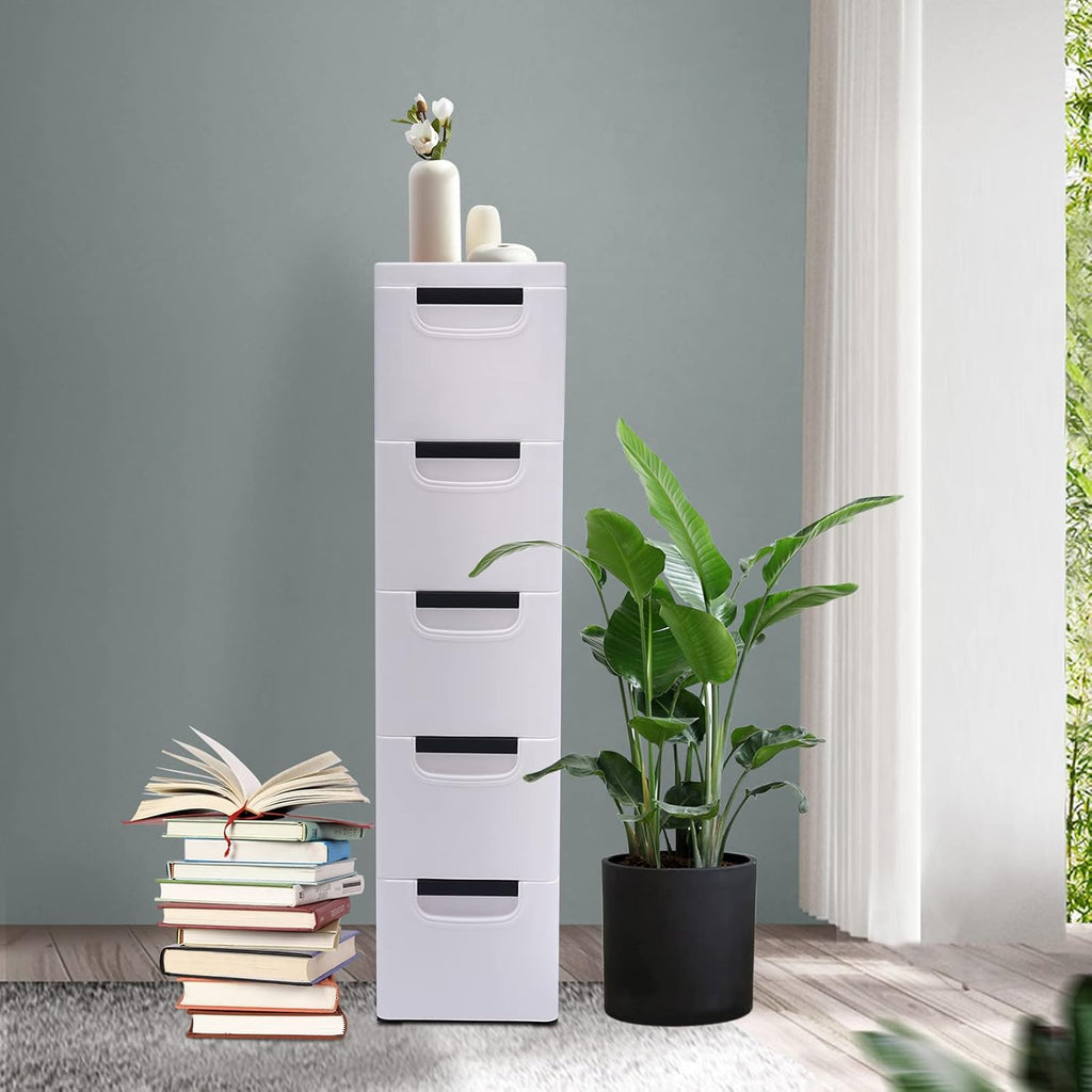 White 5 Tier Plastic Storage Tower with Wheels W929085