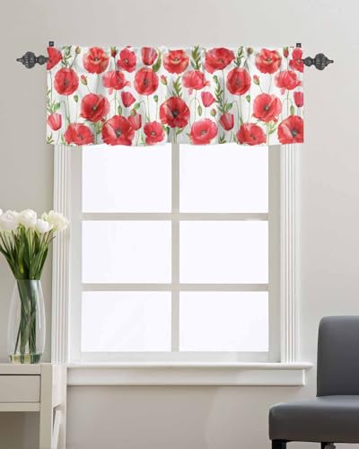 Watercolor Red Poppy Flower White Short Kitchen Curtains 54x18IN K9782