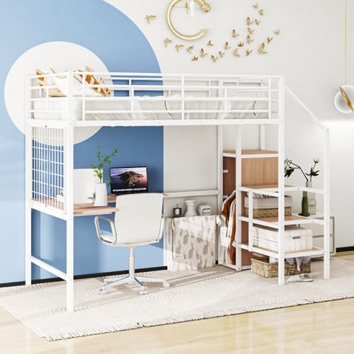 Black Full Size Loft Bed with Desk and Storage Stairs O918