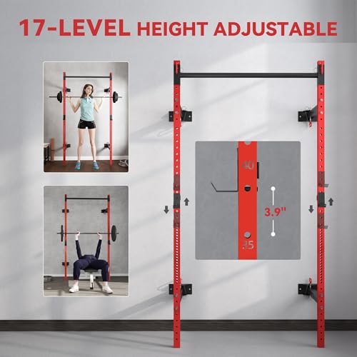 Red Wall Mounted Folding Squat Rack with Pull Up Bar, 1000 Pounds Capacity C116088