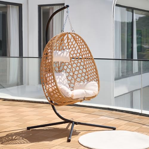 Brown Wicker Hanging Egg Chair with Stand and Cushion D745