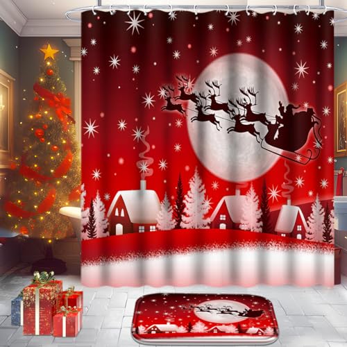 Christmas Bathroom Set with Shower Curtain, Rugs, 12 Hooks O724272