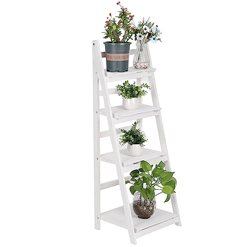 White Foldable Ladder Shelf Wood Plant Stand D35874
