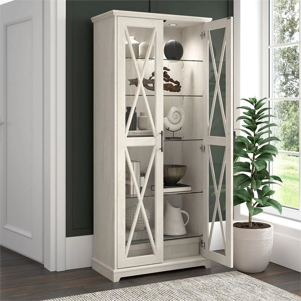 Linen White Oak Curio Cabinet with Glass Doors C3972