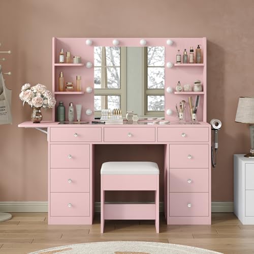 White Vanity Desk with Mirror and 10 LED Lights, 4 Shelves D428034