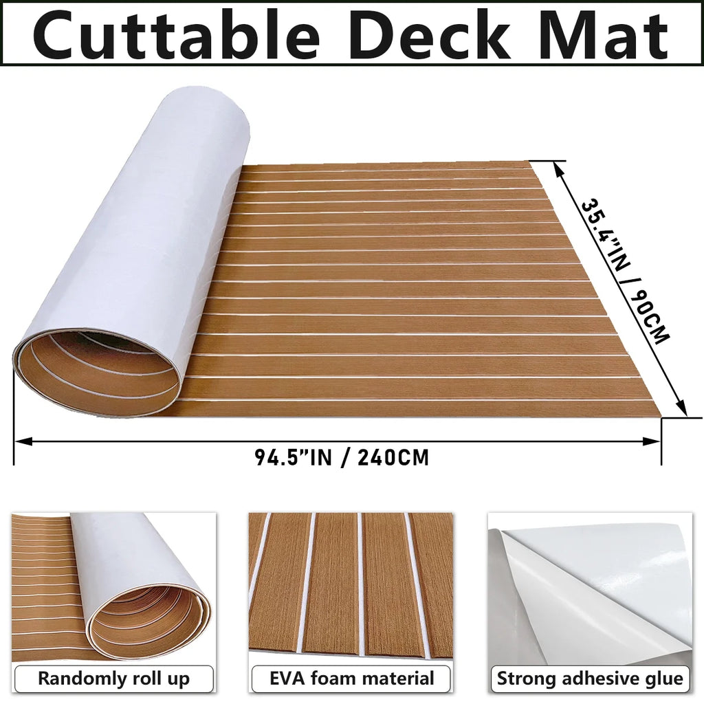 94"× 35" EVA Foam Faux Teak Decking Sheet Self-Adhesive Non-Skid Marine Flooring P2471
