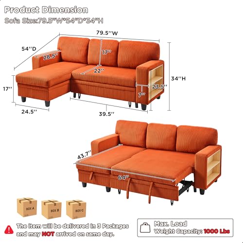 Beige L-Shaped Sleeper Sectional Couch with Storage Chaise J422