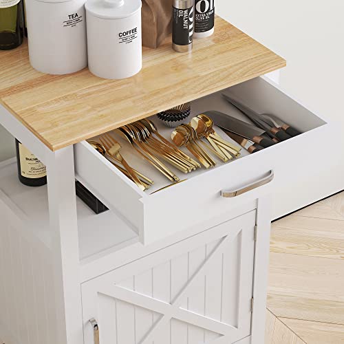 White Rolling Kitchen Island Cart with Storage, Barn Door and Drawer, 36” H K934