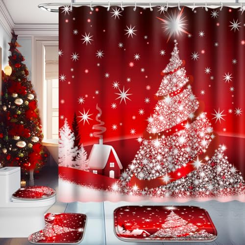 Christmas Bathroom Set with Shower Curtain, Rugs, 12 Hooks O724272