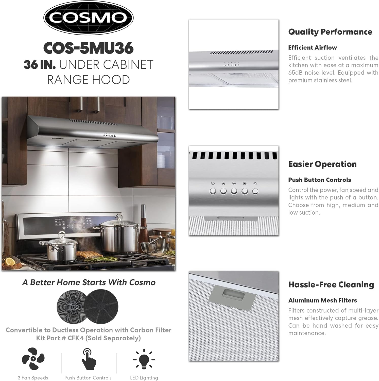 36 in. Under Cabinet Range Hood with 3 Speed Exhaust Fan, Reusable Filter and LED Lights in Stainless Steel X215828