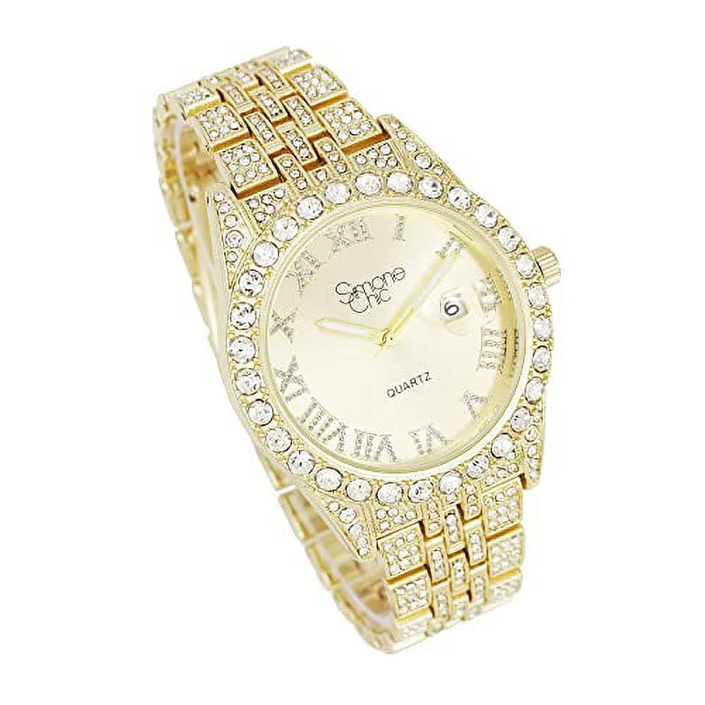 Fully Iced Out Diamond Watch with Roman Numerals Date and Colorful Dials T3683