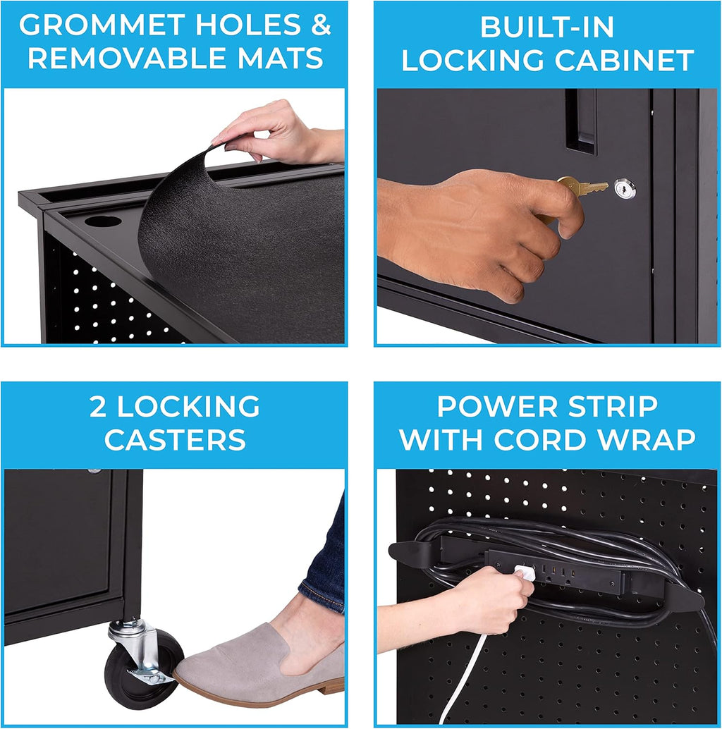 AV Cart with Pegboard Siding, 12 Hooks, Locking Cabinet, Pullout Keyboard Tray, Locking Wheels C50118