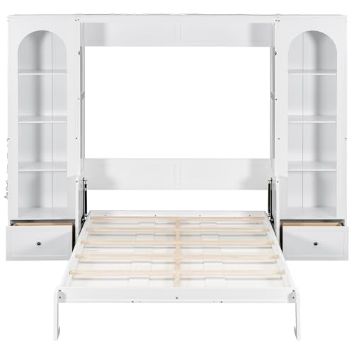 White Queen Size Wood Murphy Bed with Desk and Storage S734765