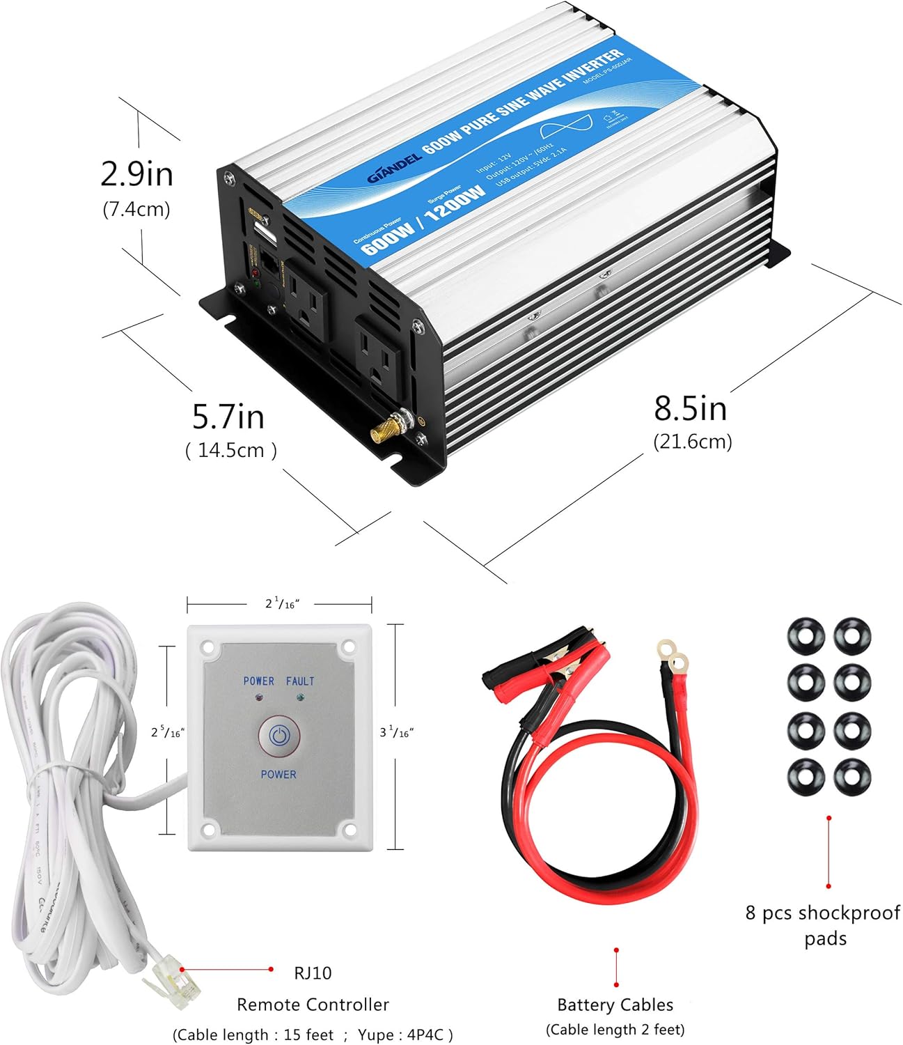 600W 12V DC to 110V 120V Pure Sine Wave Power Inverter with Remote Control Dual AC Outlets USB Port X3511