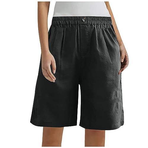 Women's Cotton Linen High Waisted Wide Leg Elastic Drawstring Shorts with Pockets T961844