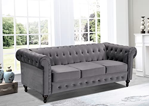 3-Piece Velvet Chesterfield Sofa Set, Grey J963728