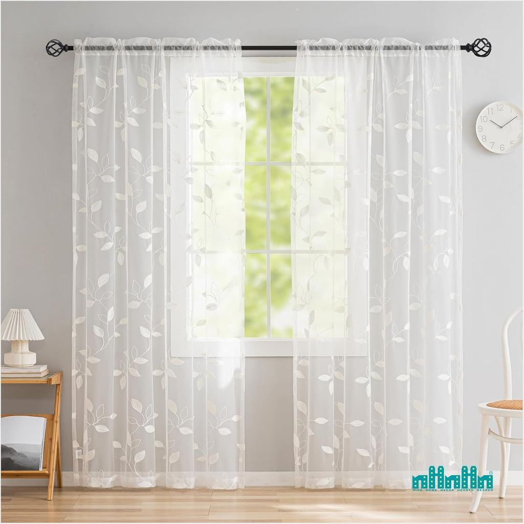 Sheer Curtains 96 inch Length 2 Panels Set, Embroidered Semi Sheer Voile Curtain Panels, Rod Pocket Light Filtering Leaf Sheer Curtains P3598