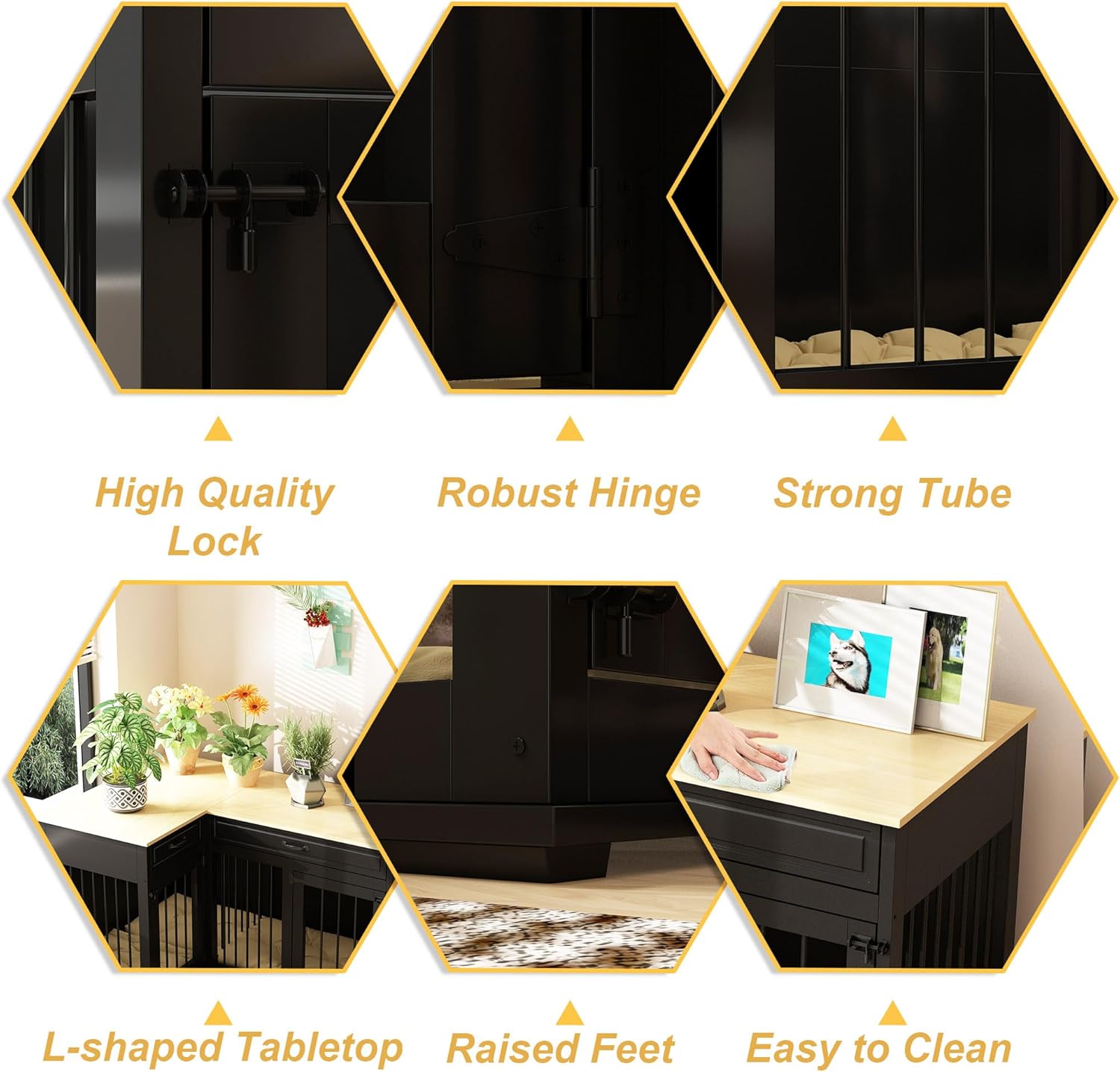 Large Corner Wooden Dog Crate with Double Rooms and Drawers, Black X303075