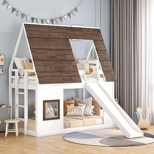 Twin-Over-Twin Wooden Bunk Bed with Storage, Gray+White P809609