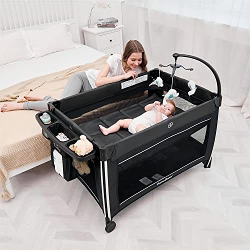 4 in 1 Portable Baby Crib with Bassinet, Mattress, Changing Table (Black) Q6865