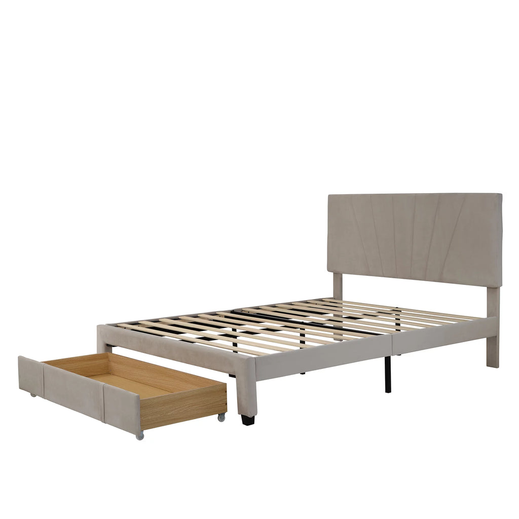 Beige Queen Size Velvet Upholstered Platform Bed with Drawer N4226