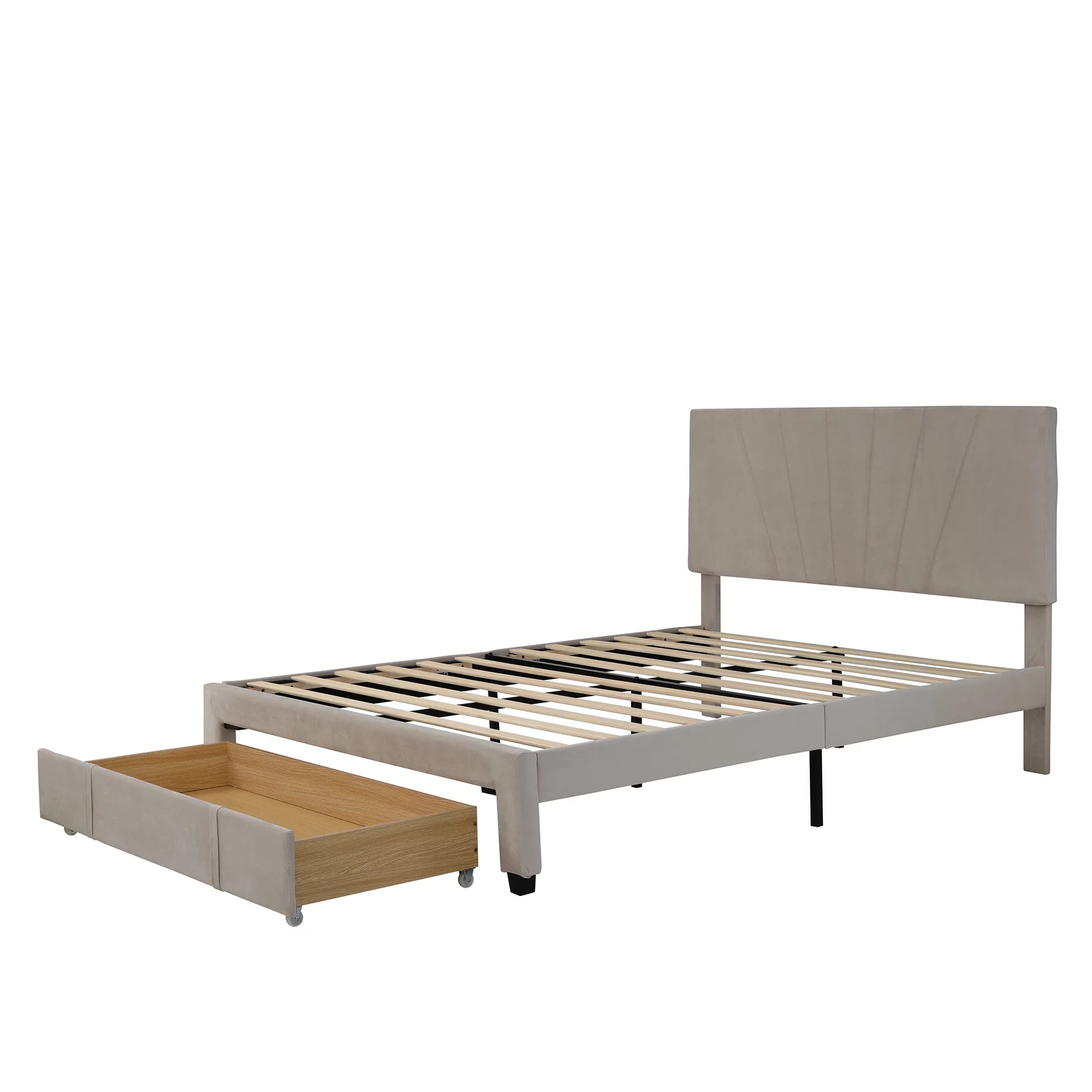 Beige Queen Size Velvet Upholstered Platform Bed with Drawer N4226